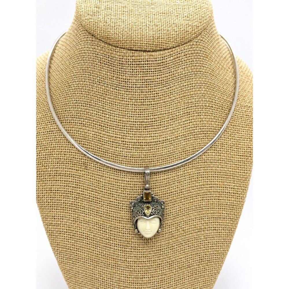 STERLING SILVER Necklace Torque Warrior Goddess Face Pendant Citrine 925 Collar